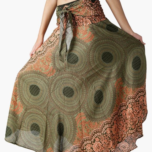 B BANGKOK PANTS Long Maxi Skirt Boho Gypsy Hippie Green Floral (One Size Fits) - Picture 5 of 6